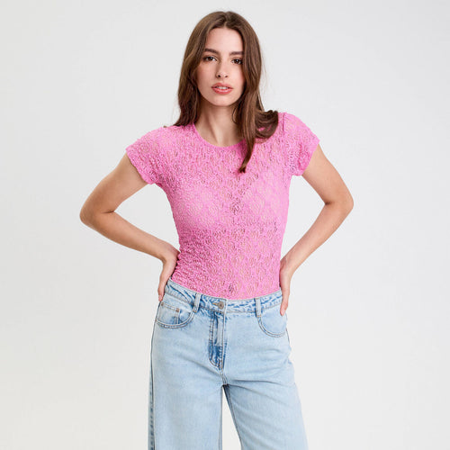 Body ajusté manches courtes dentelle rose femme