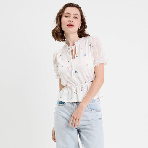 Blouse col V manches courtes blanc femme