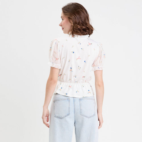 Blouse col V manches courtes blanc femme