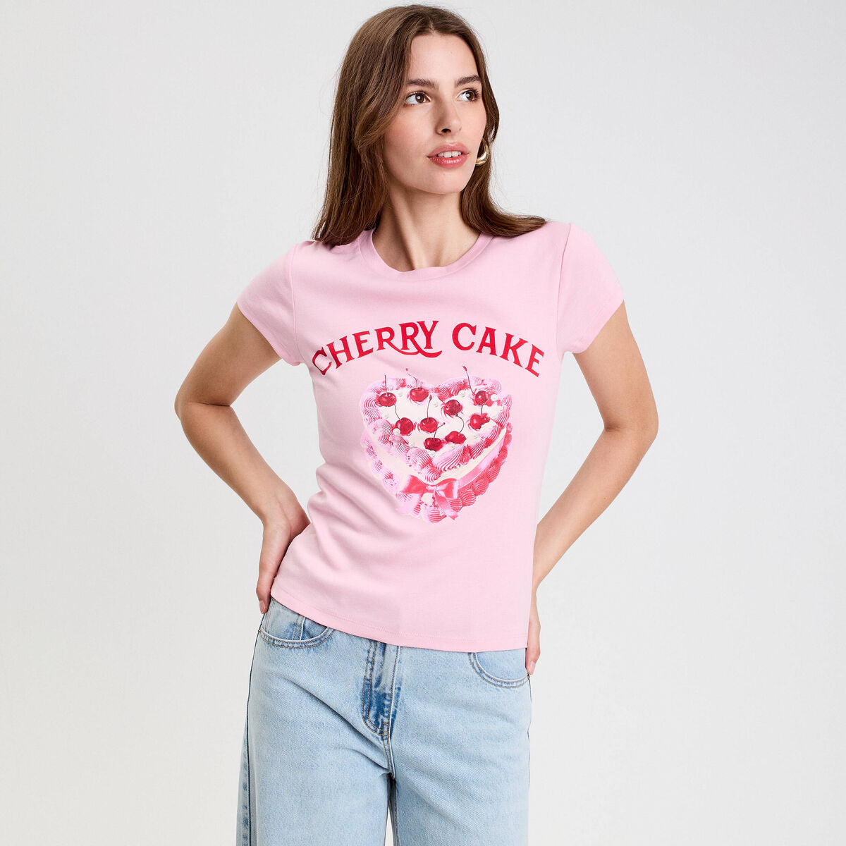 Top ajusté col rond manches courtes rose poudrée femme
