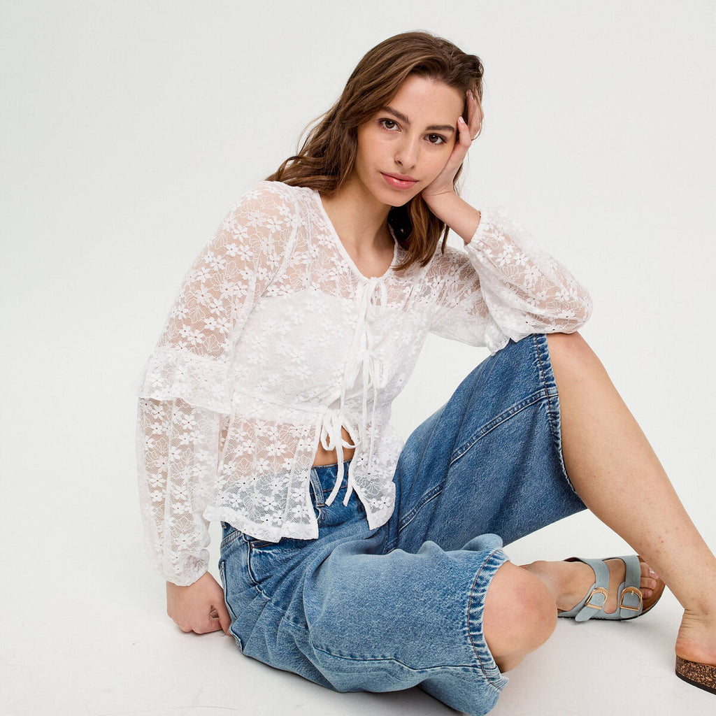 Blouse manches longues noeuds blanc femme