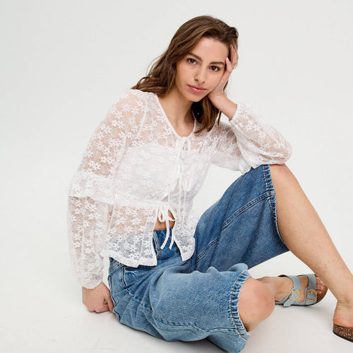 Blouse manches longues noeuds blanc femme