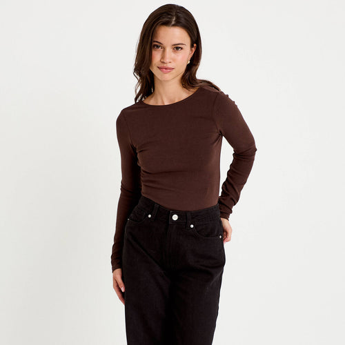 Body cintré manches longues bateau marron foncé femme