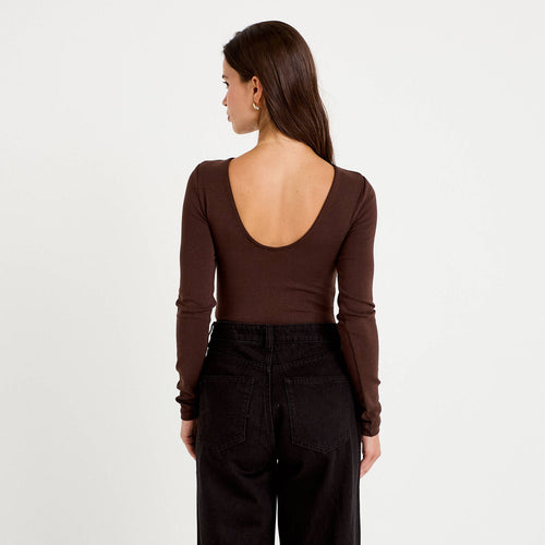 Body cintré manches longues bateau marron foncé femme