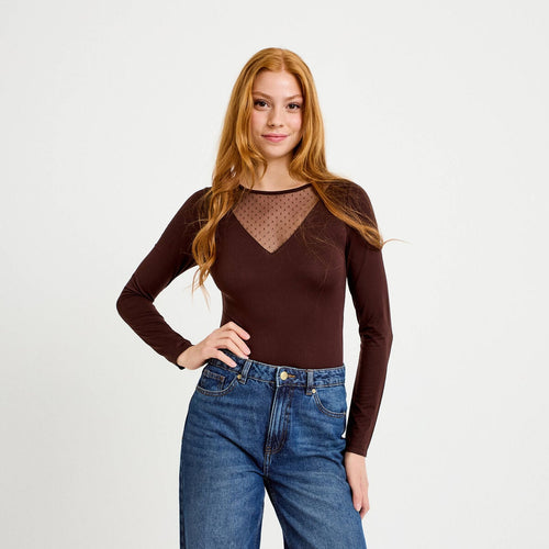 Body thermique col rond manches longues marron foncé femme