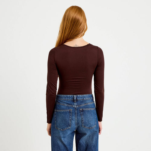 Body thermique col rond manches longues marron foncé femme