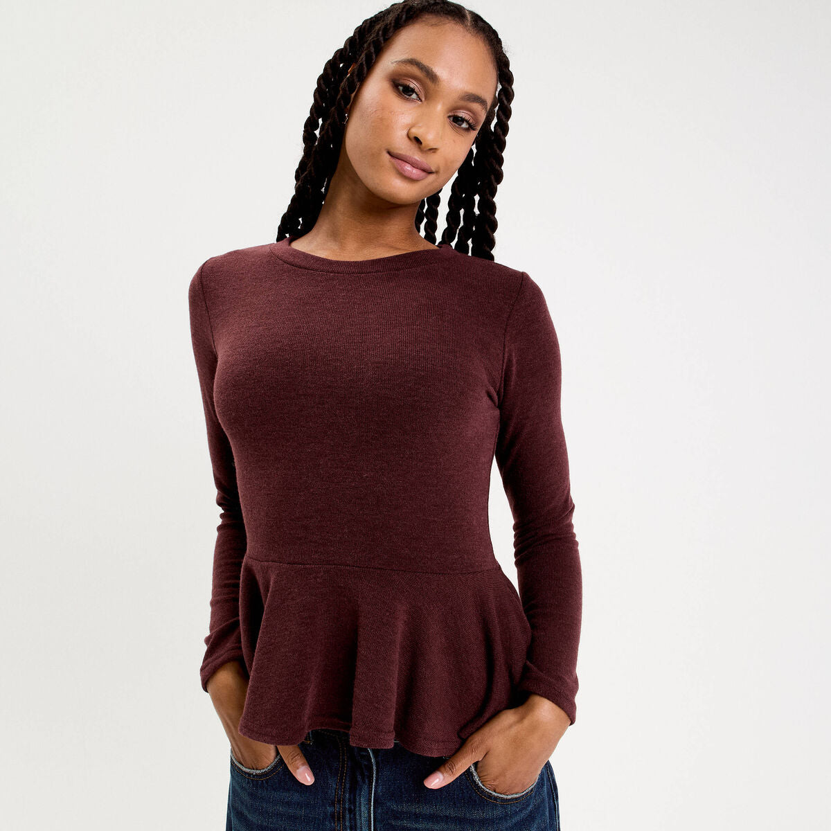 Pull ajusté court manches longues bordeaux femme