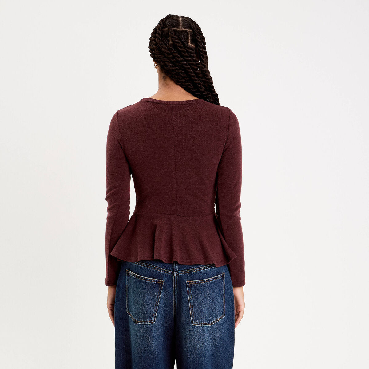 Pull ajusté court manches longues bordeaux femme