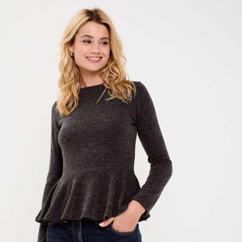 Pull ajusté court manches longues gris foncé femme