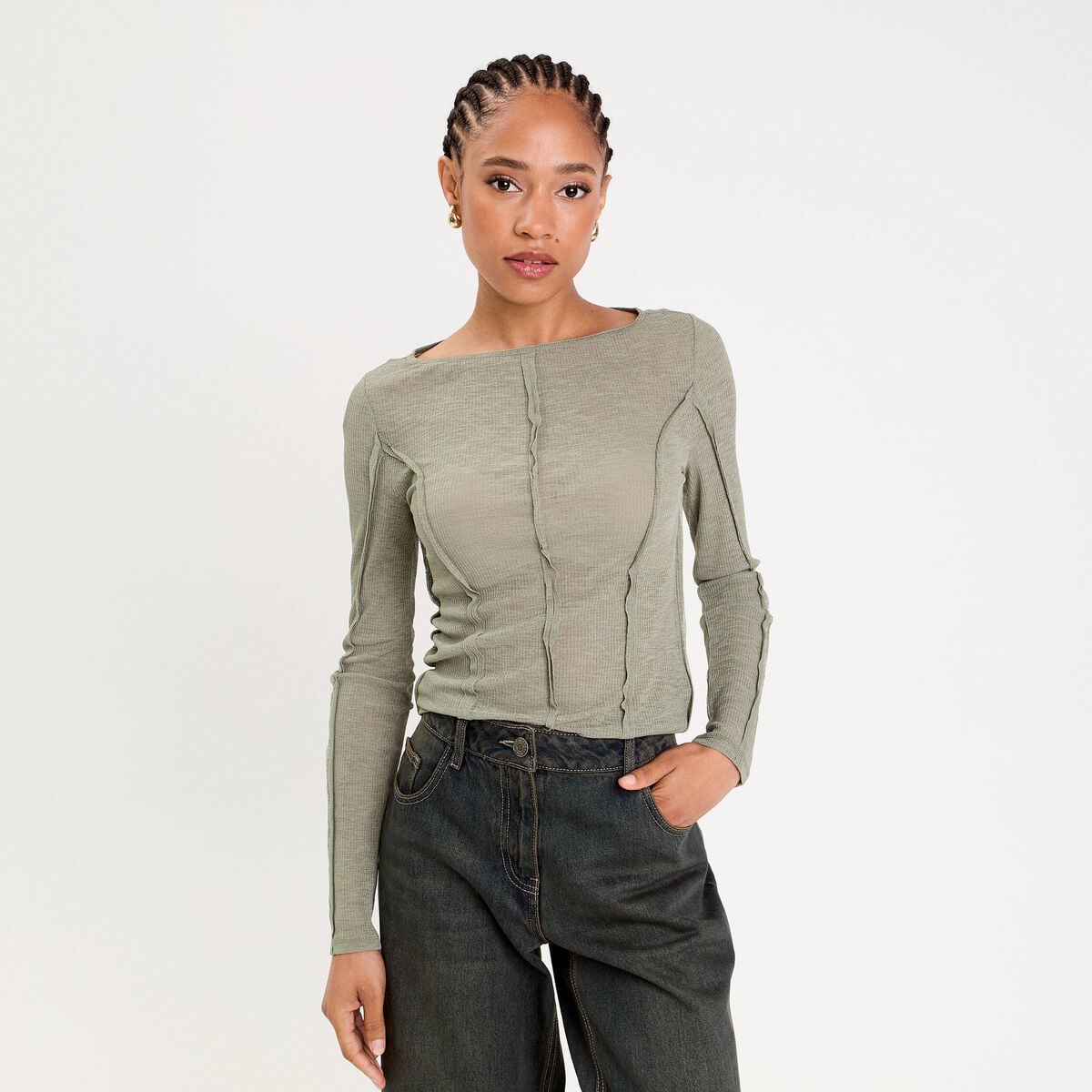 T-shirt cintré col rond manches longues vert kaki femme