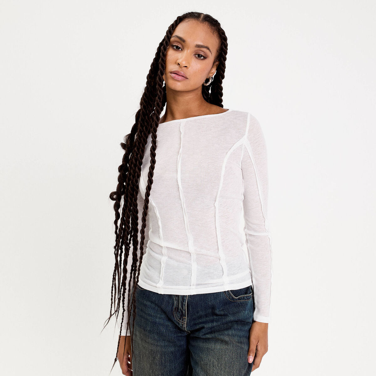 T-shirt cintré col rond manches longues blanc femme