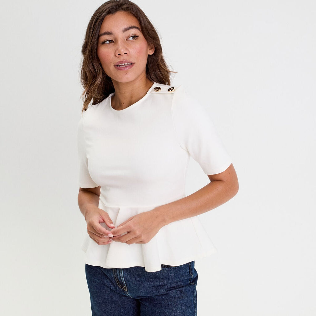 Top cintré col rond manches longues ecru femme