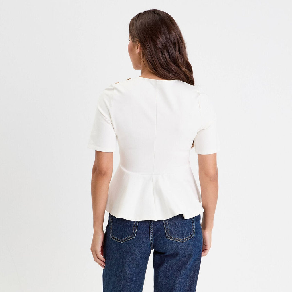 Top cintré col rond manches longues ecru femme