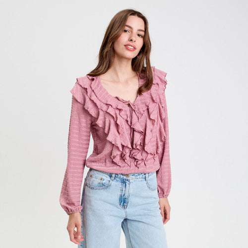 Blouse manches longues aspect dentelle vieux rose femme