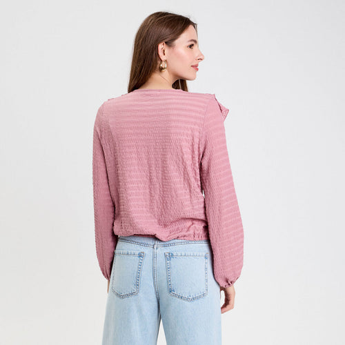 Blouse manches longues aspect dentelle vieux rose femme