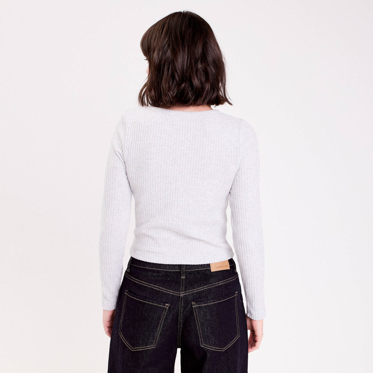 Pull duveteux col rond manches longues gris clair femme