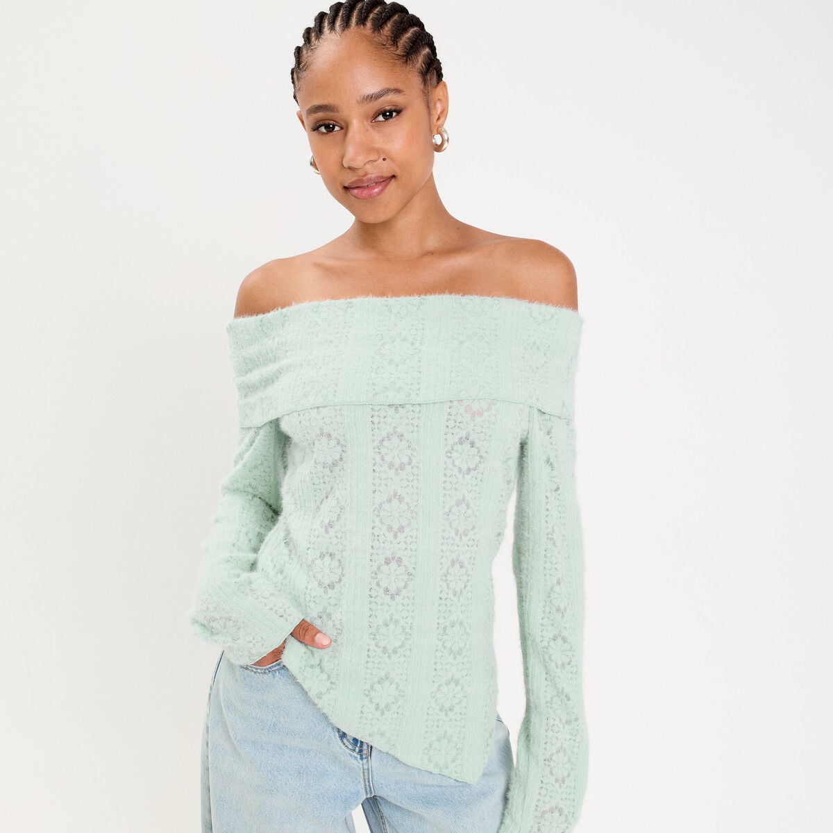 Pull cintré ajouré manches longues vert clair femme