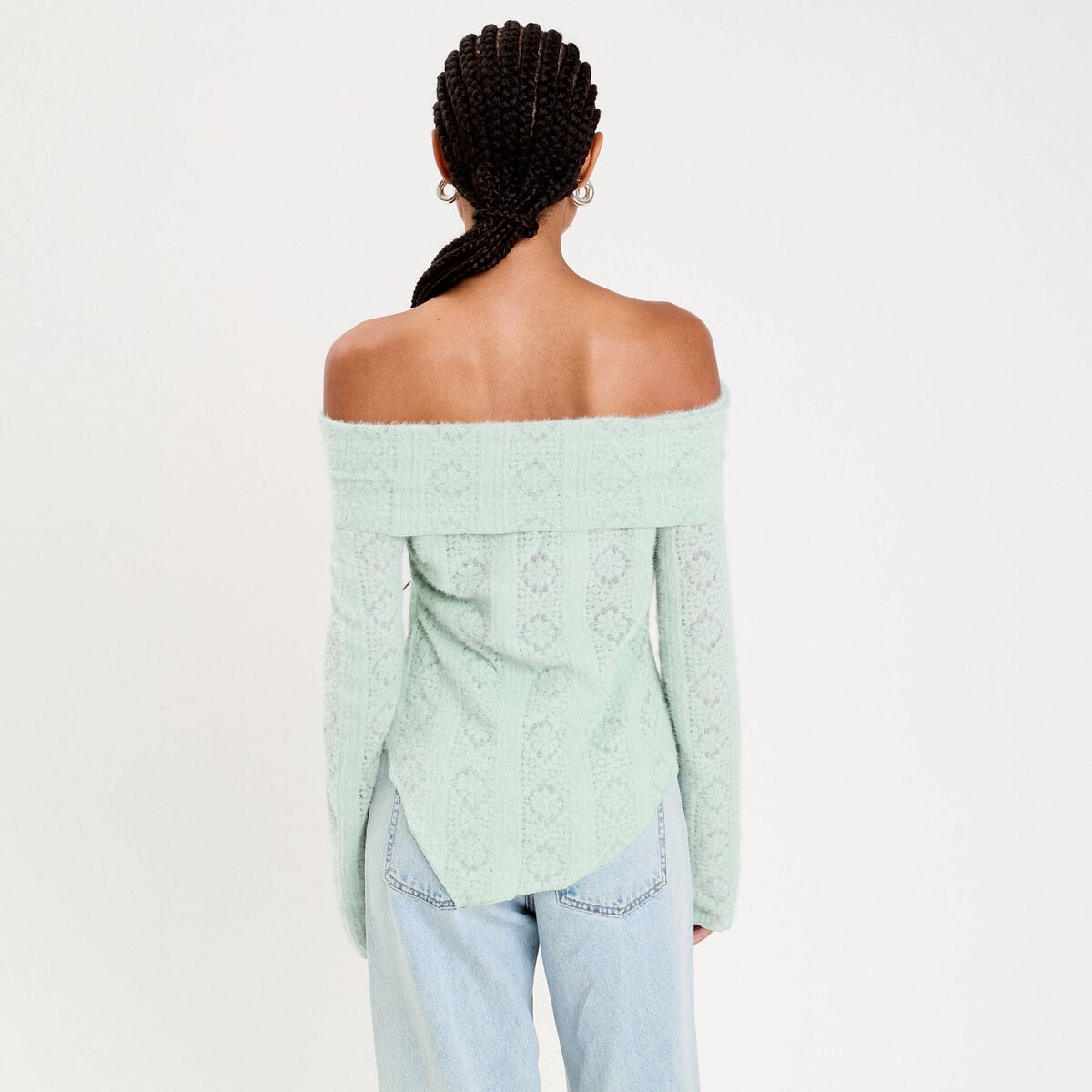 Pull cintré ajouré manches longues vert clair femme