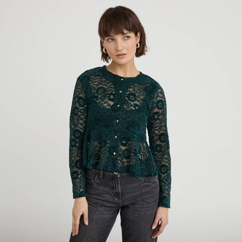 Blouse péplum dentelle vert foncé femme