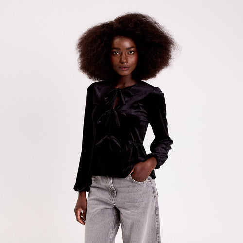 Blouse nouée en velours noir femme