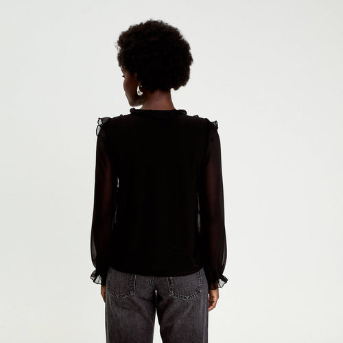 Blouse col v manches longues noir femme