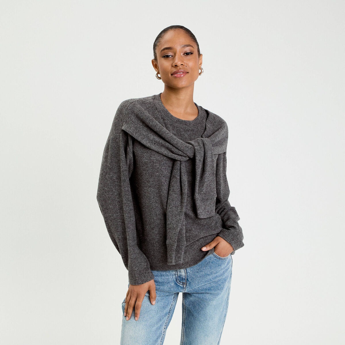 Pull effet 2-en-1 gris foncé femme