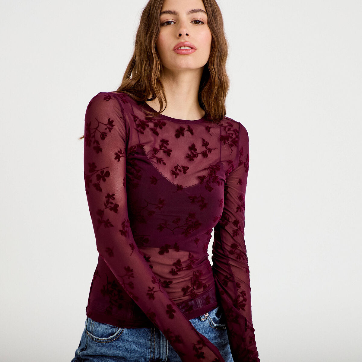 T-shirt ajusté manches longues prune femme
