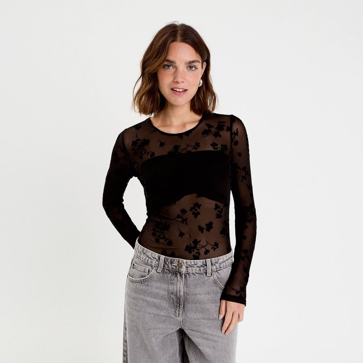 T-shirt ajusté manches longues noir femme