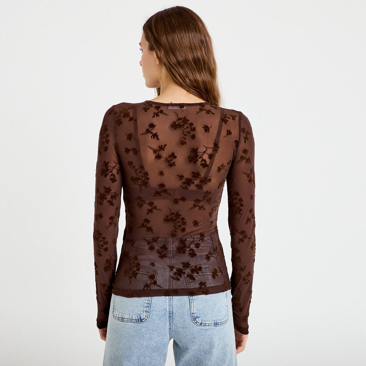 T-shirt ajusté manches longues marron cognac femme