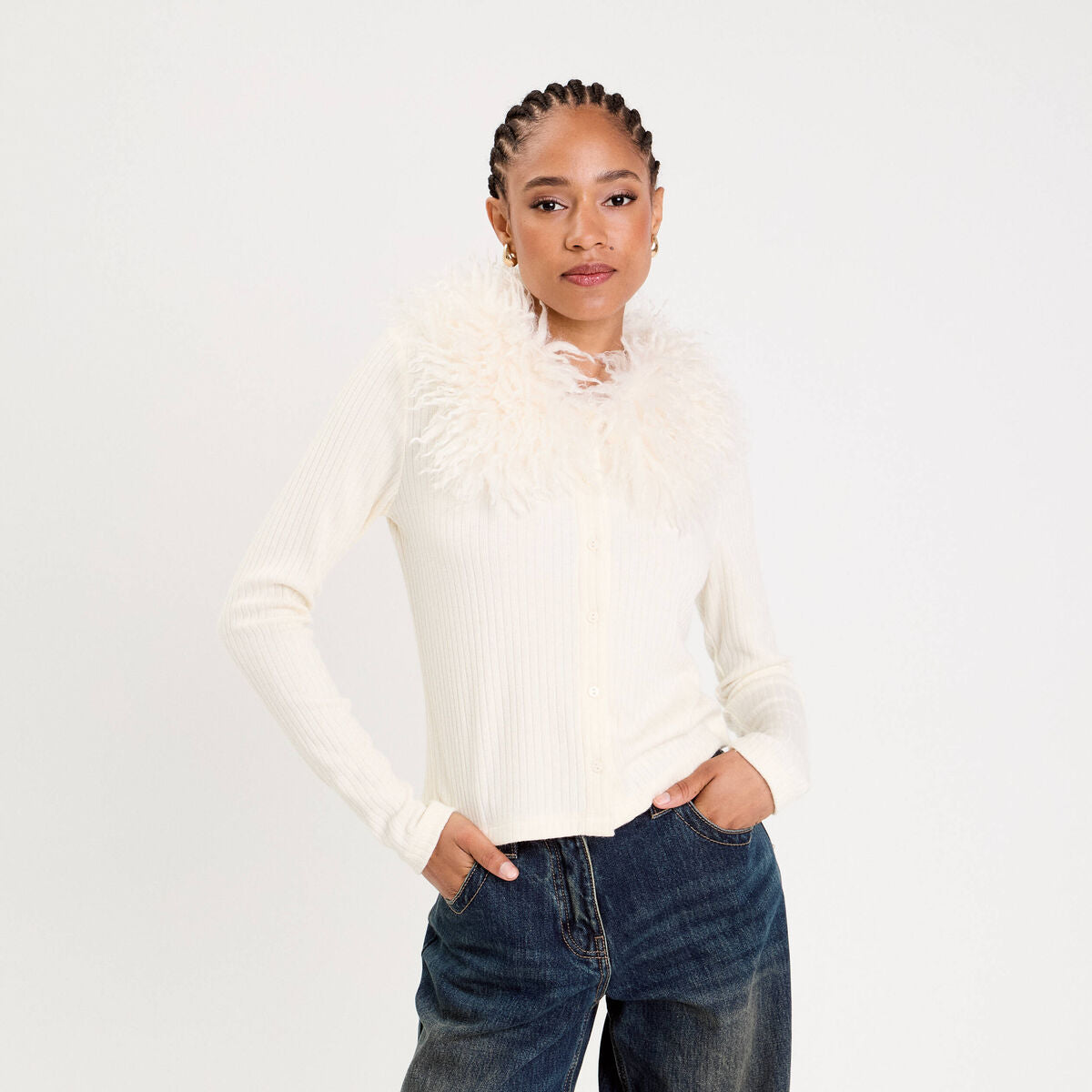 Gilet ajusté manches longues duveteux ivoire femme