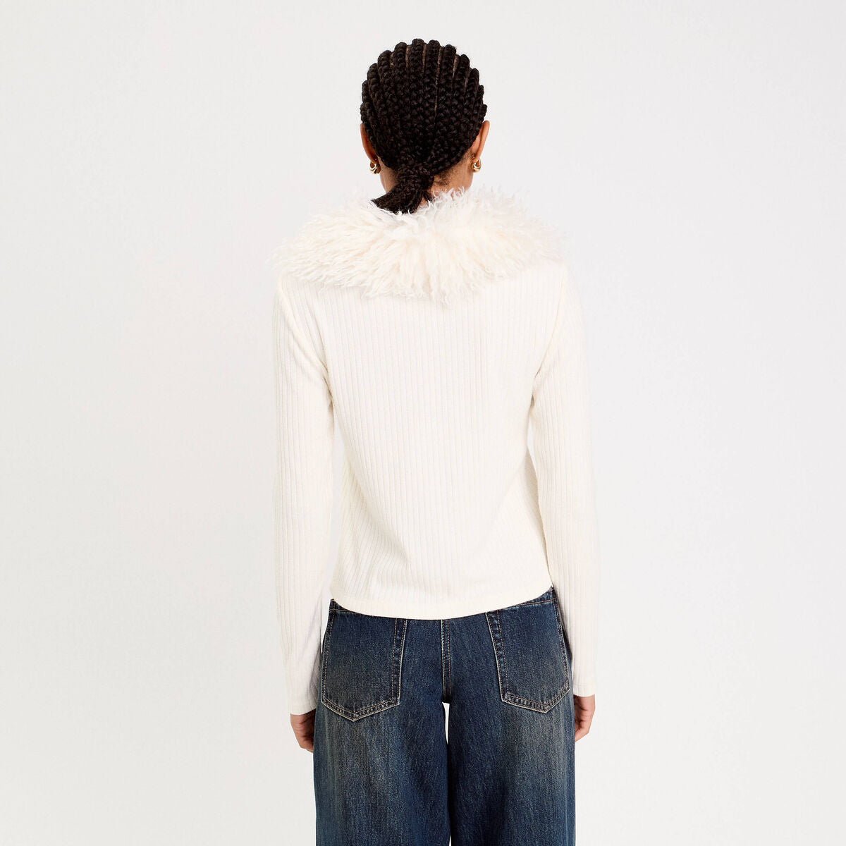 Gilet ajusté manches longues duveteux ivoire femme