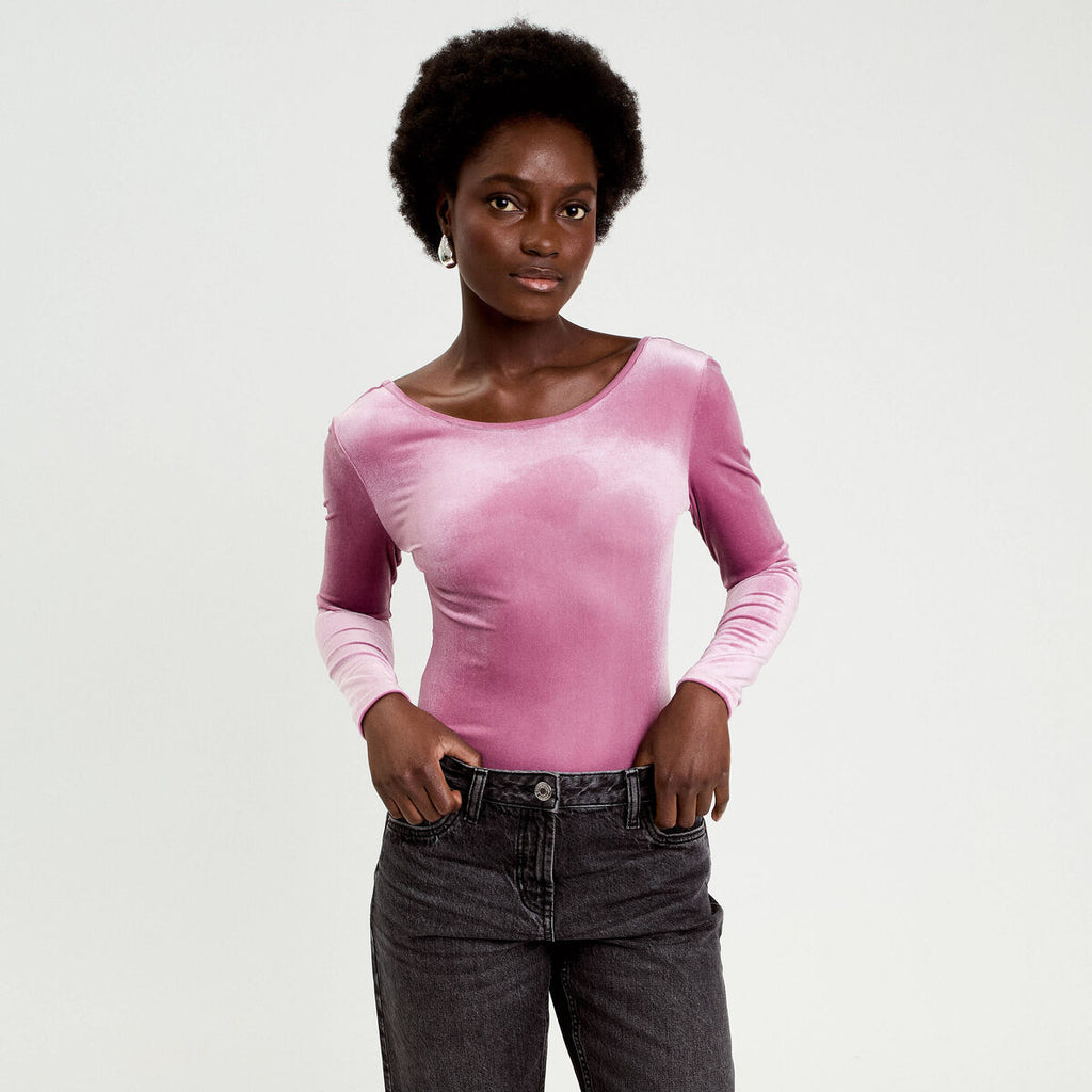 Body en velours décolleté dos rose clair femme