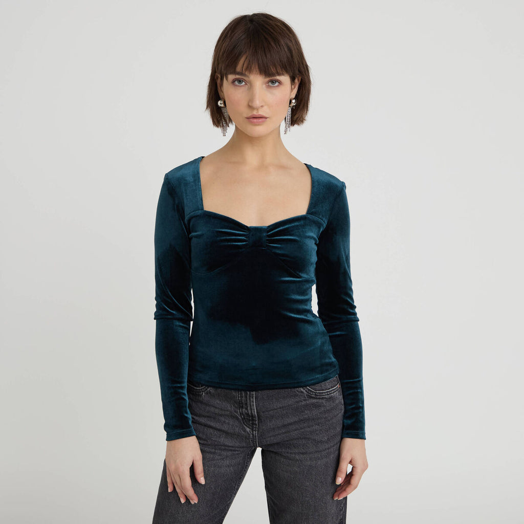 Top ajusté velours bleu canard femme