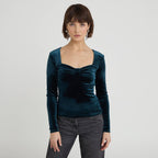Top ajusté velours bleu canard femme