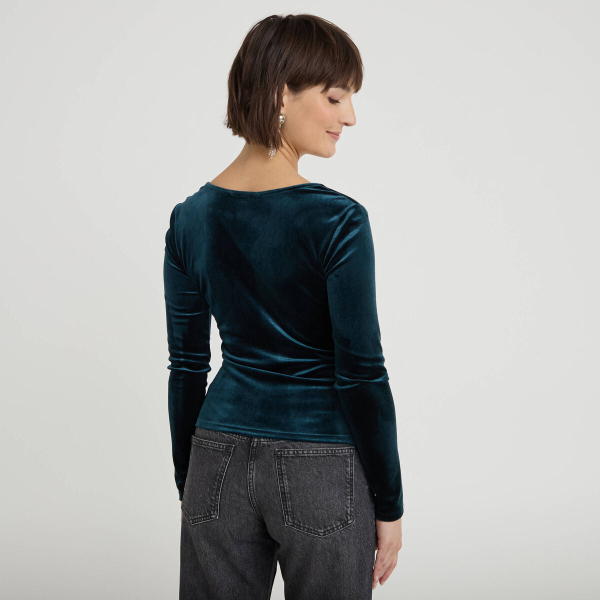 Top ajusté velours bleu canard femme