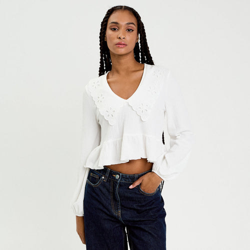 Blouse cropped grand col brodé ecru femme