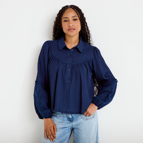 Blouse manches longues broderie bleu foncé femme