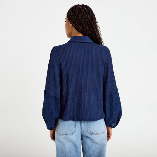 Blouse manches longues broderie bleu foncé femme
