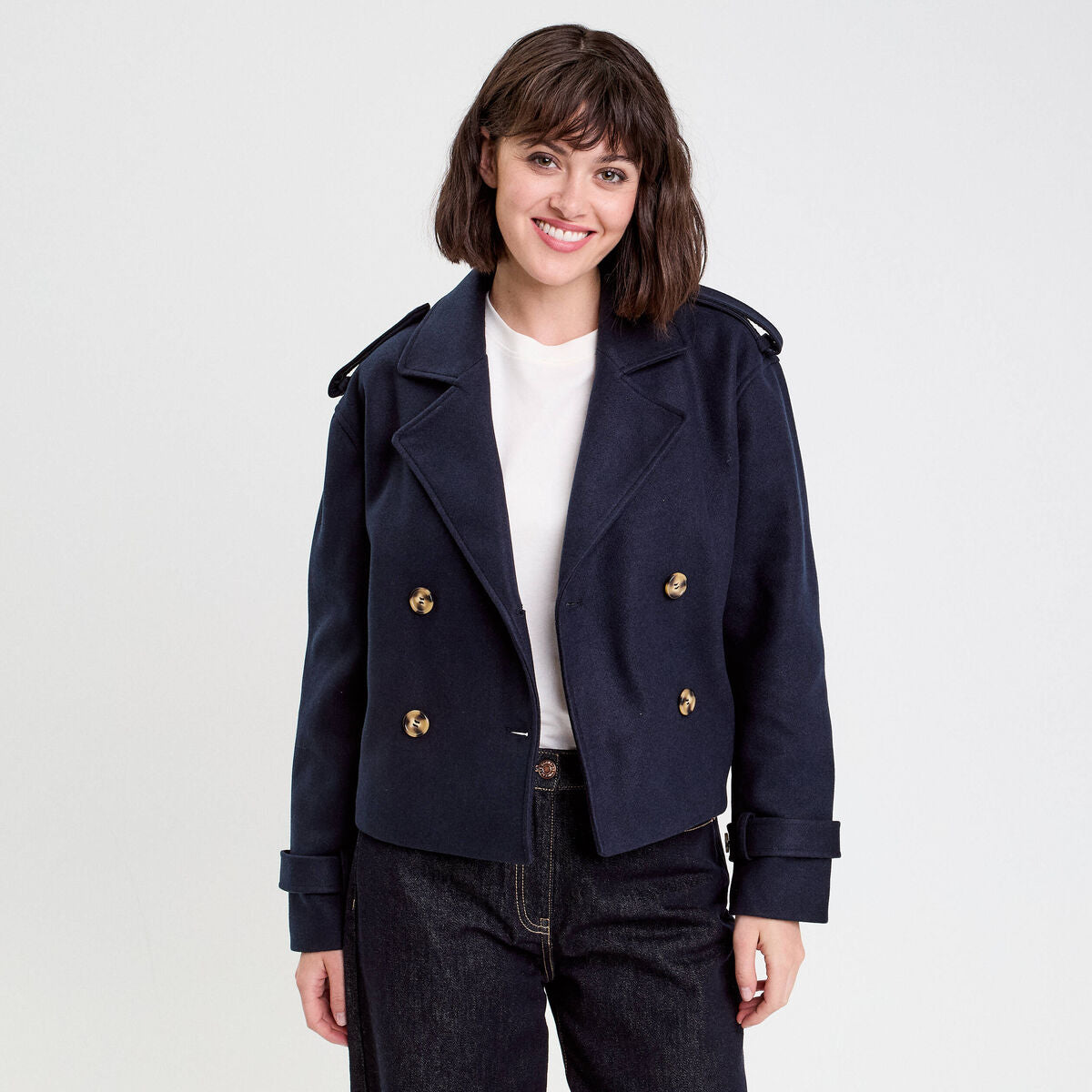 Trench court boutonné bleu marine femme