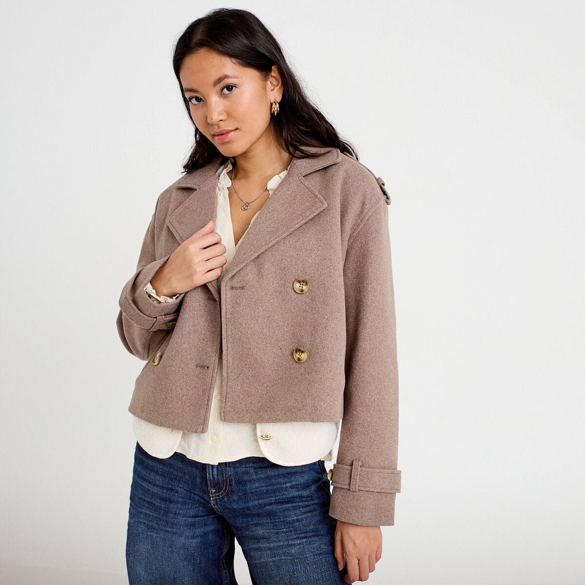 Trench court boutonné taupe femme