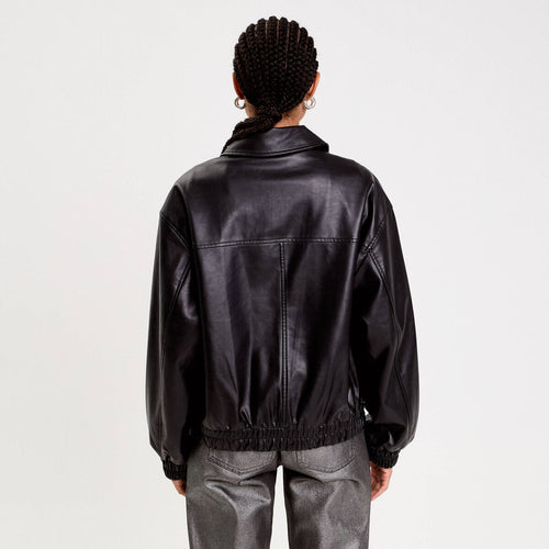 Bomber oversize similicuir col chemise noir femme