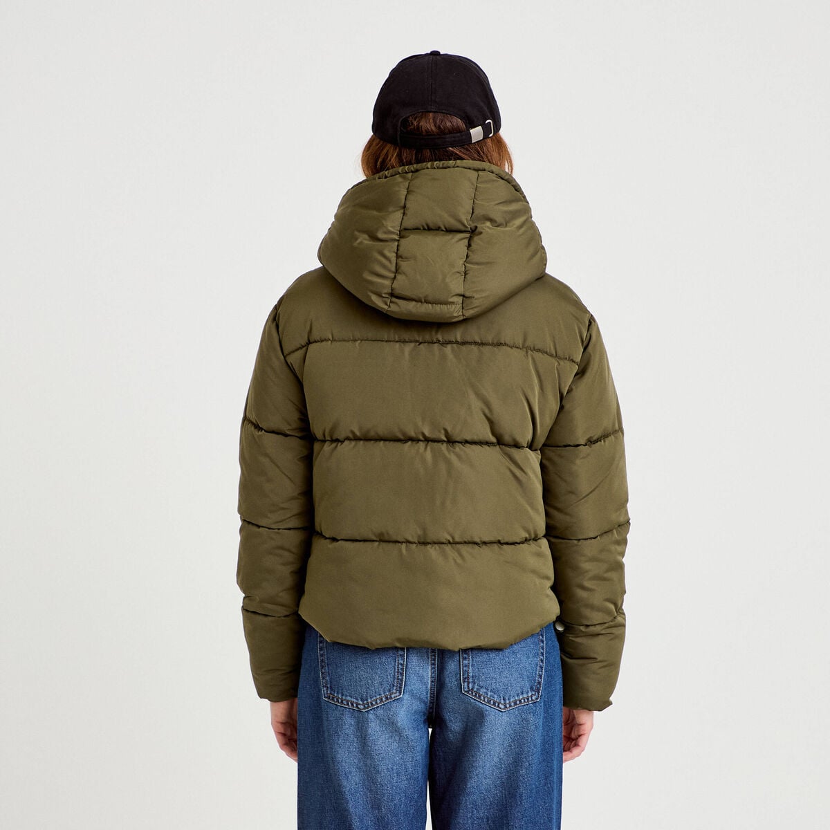 Doudoune courte bas resserré capuche vert kaki femme