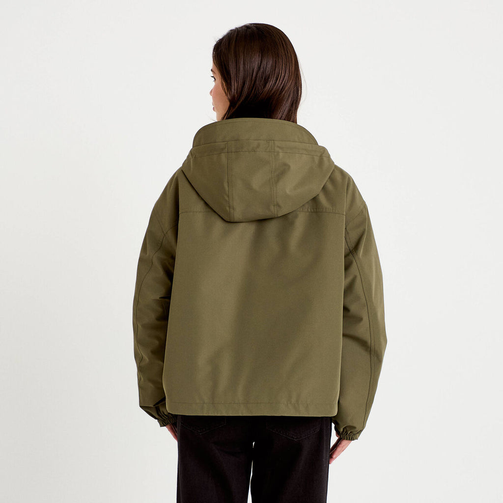 Veste courte bas resserré à capuche vert kaki femme