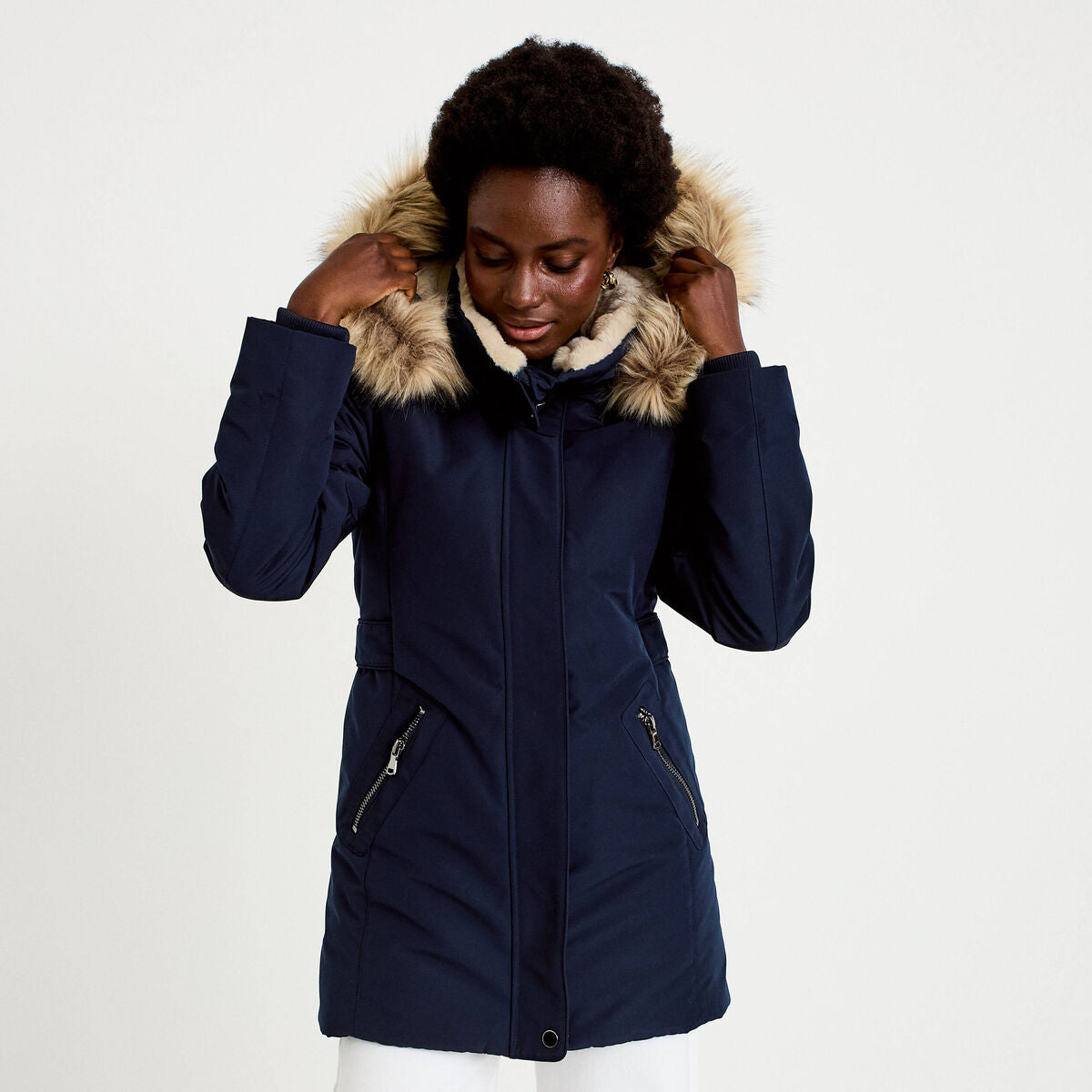Parka à capuche fausse fourrure bleu marine femme