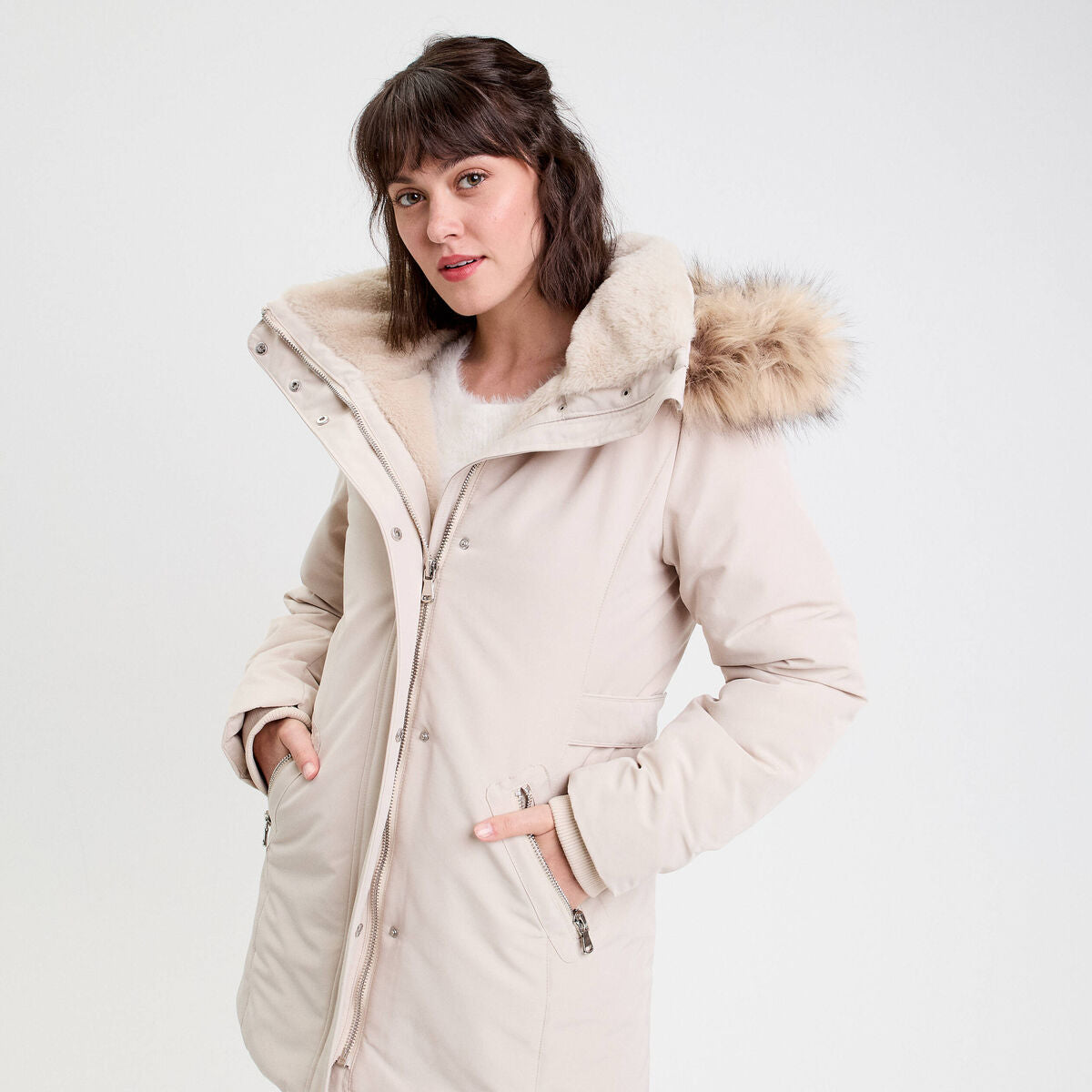 Parka à capuche fausse fourrure ecru femme