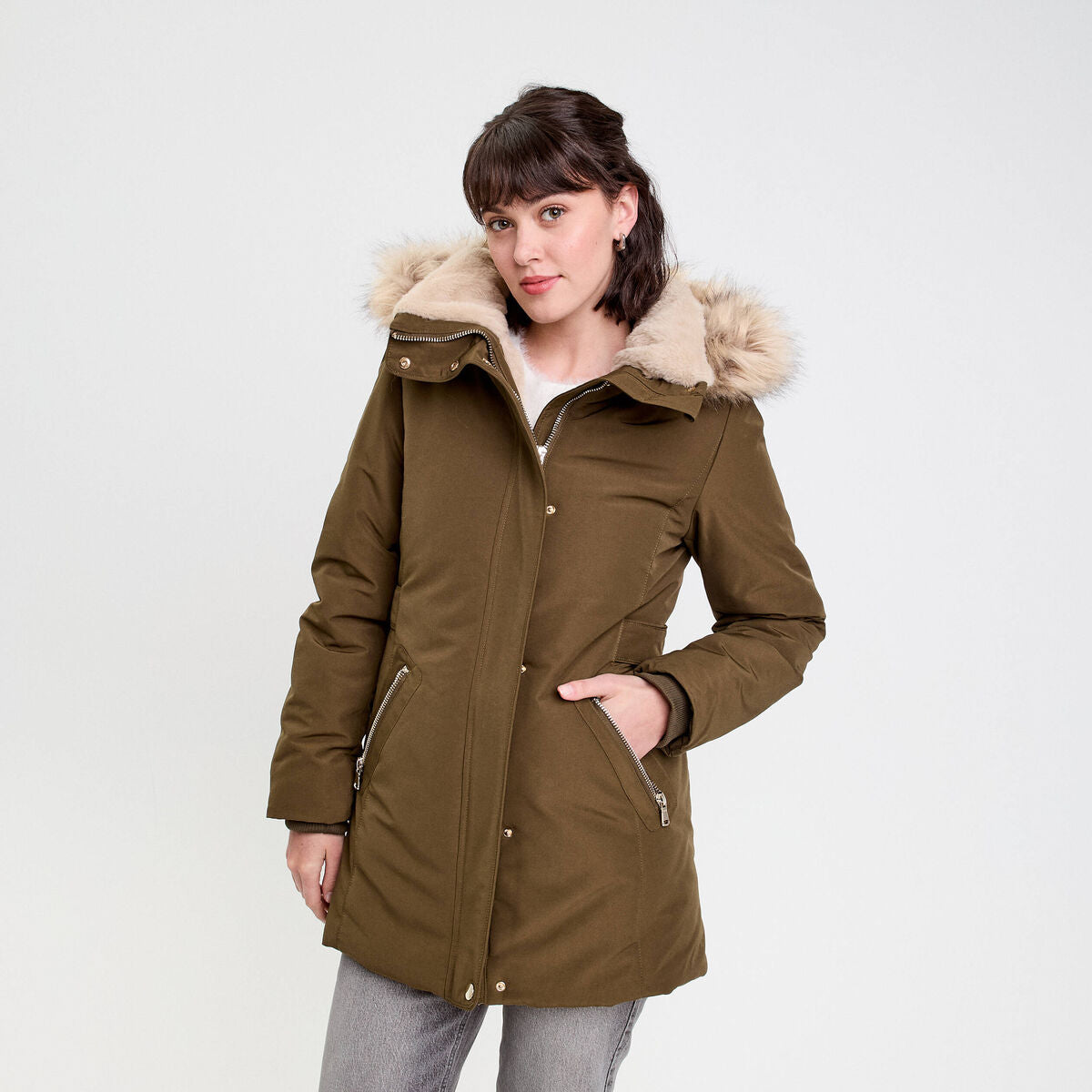 Parka à capuche fausse fourrure vert kaki femme