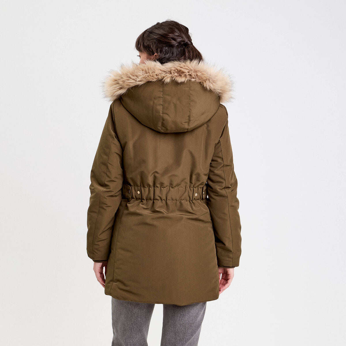 Parka à capuche fausse fourrure vert kaki femme