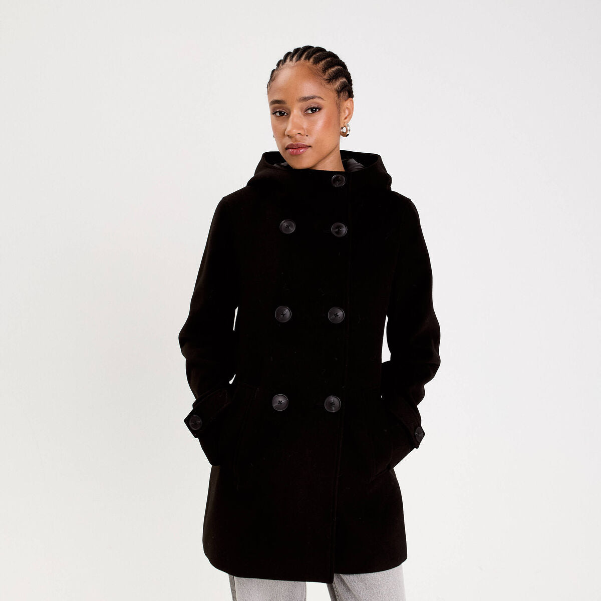 Manteau ajusté 3/4 à capuche noir femme