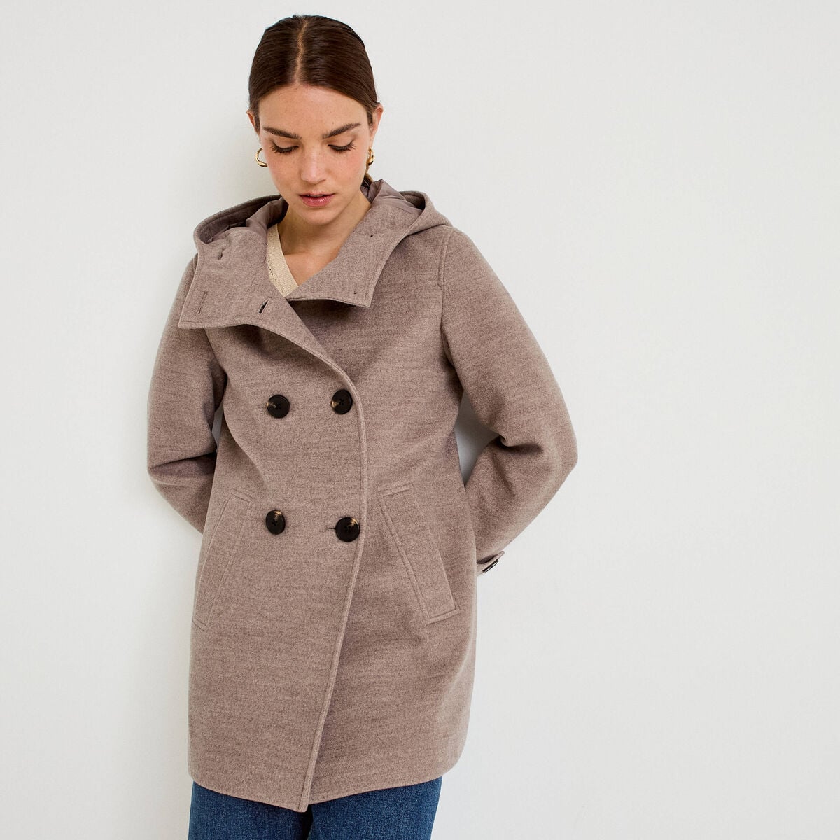 Manteau ajusté 3/4 à capuche taupe femme