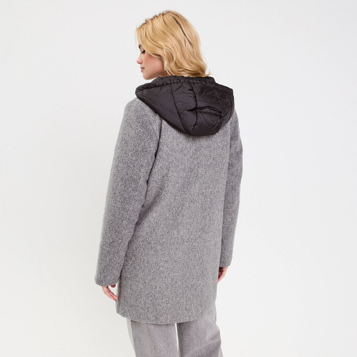 Manteau droit long à capuche gris clair femme